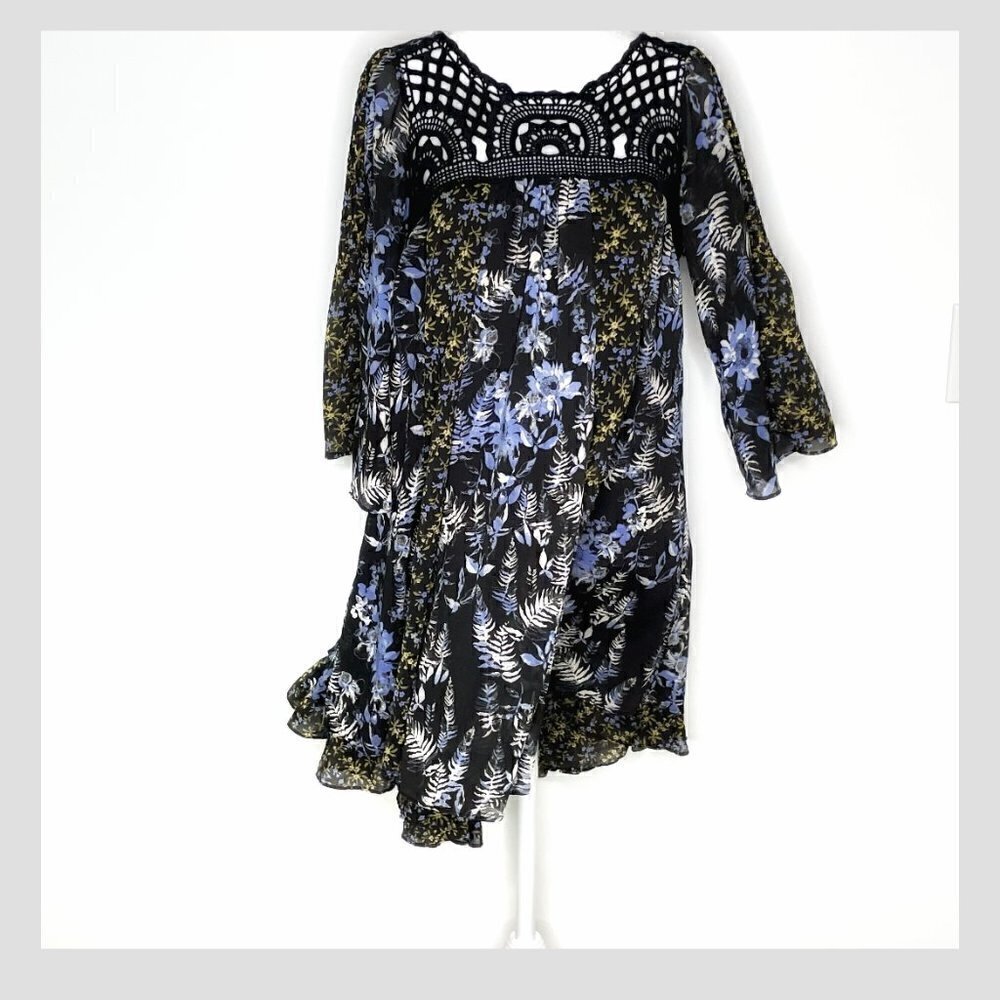 Free People Crochet Front Flower Floral Mini Long Sleeve Flowy Boho Tunic Dress - Picture 8 of 9